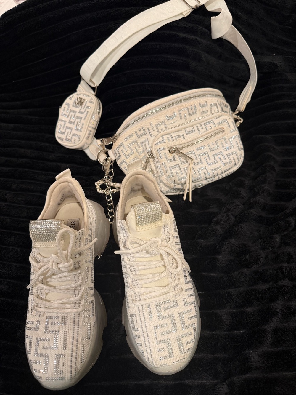 BMAXIMAS White Silver Crossbody Bag | Crossbody Bag & Lace-Up Sneakers SET